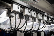 NSWC Carderock, West Bethesda, Md. | A close-up view of the overhead track busway system that manages the power-supply for the new High-Performance Computing servers in Carderock's Ship Engineering and Analysis Technology Center (SEATech).