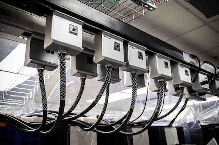 NSWC Carderock, West Bethesda, Md. | A close-up view of the overhead track busway system that manages the power-supply for the new High-Performance Computing servers in Carderock's Ship Engineering and Analysis Technology Center (SEATech).