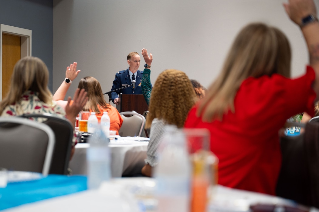 U.S. Air Force Col. Thomas “TK” Wilson, 17th Training Wing deputy commander, speaks during the 11th Annual Goodfellow Spouse and Community Scholarship and Awards Banquet at the Powell Event Center, Goodfellow Air Force Base, Texas, May 17, 2025. Wilson congratulated the scholarship recipients on their academic performance, leadership qualities and passion for making a difference in their communities. (U.S. Air Force photo by Airman 1st Class Brian Lummus)