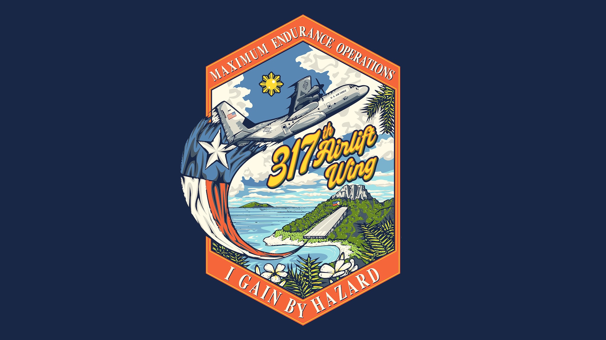 U.S. Air Force identity design graphic depicts a C-130J Super Hercules with external fuel tanks flying over Basco Airport, Philippines with a Texas flag streaming behind demonstrating Max Endurance Operations for Exercise Balikatan 25 at Dyess Air Force Base, Texas, May 8, 2025. Elements in the graphic included the eight-rayed sun from the Philippines flag and Sampaguita, Philippines national flower.