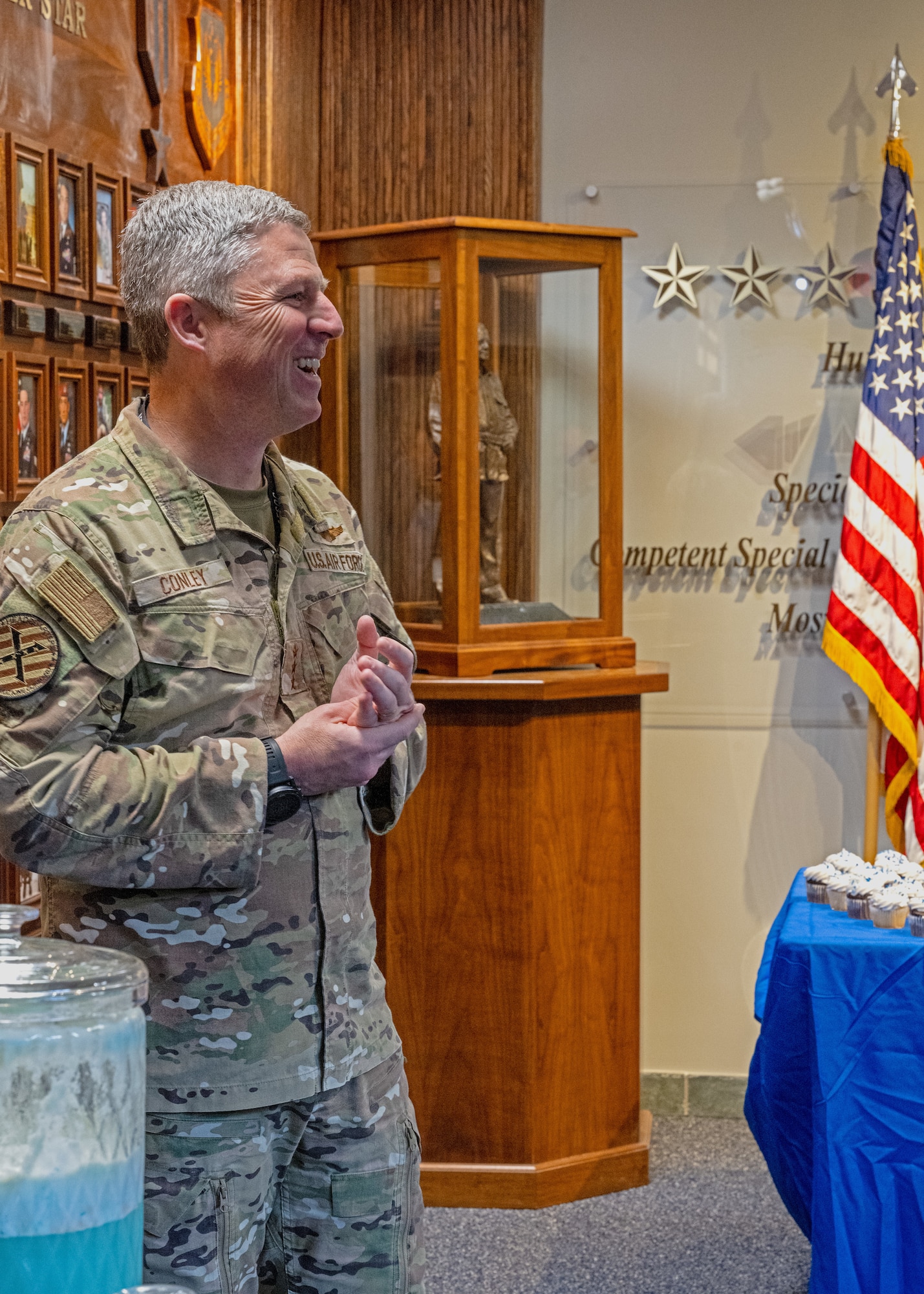 Lt. Gen. Michael Conley, commander AFSOC, gives remarks during AFSOC’s 35th birthday cake cutting.