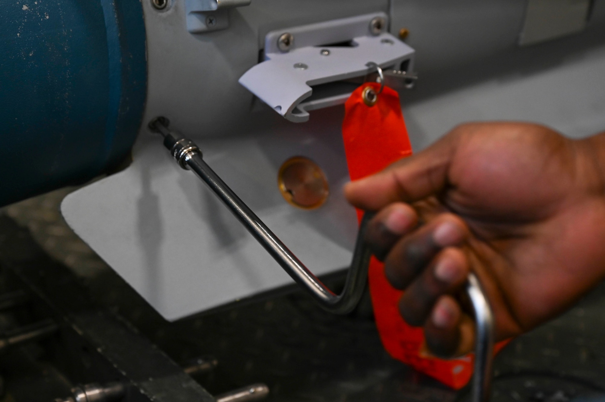 U.S. Air Force Senior Airman Jaylon Lundy, 354th Munitions Squadron conventional maintenance crew chief, tightens a bolt on a GBU-12 Paveway II laser-guided dummy munition during the Combat Ammunition Production Exercise at Eielson Air Force Base, Alaska, May 14, 2025.