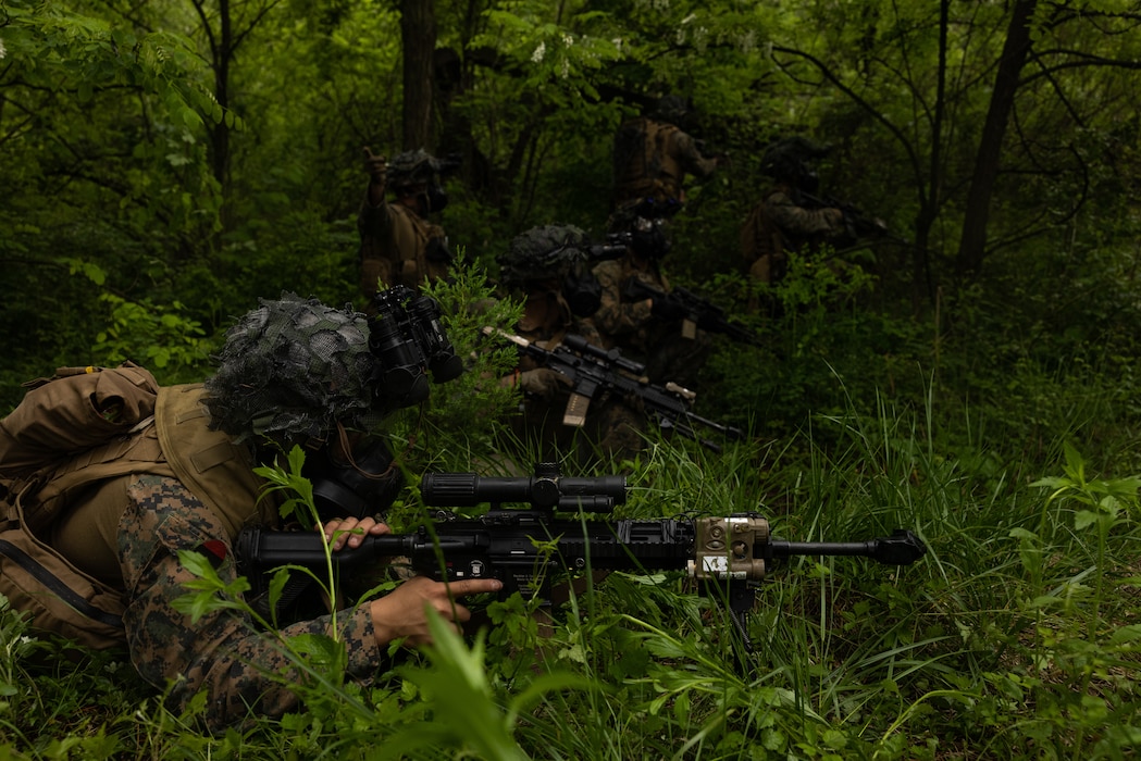 U.S. Marines with 2nd Battalion, 23rd Marines, forward deployed with 4th Marine Regiment, 3d Marine Division as part of the Unit Deployment Program, set security for U.S. Army Soldiers with the 23rd Chemical Battalion during joint chemical, biological, radiological, and nuclear defense training during Korea Viper 25.4 at Camp Stanley, South Korea, May 20, 2025.