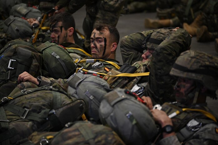 Spanish Army paratroopers wait for instructions during an exercise