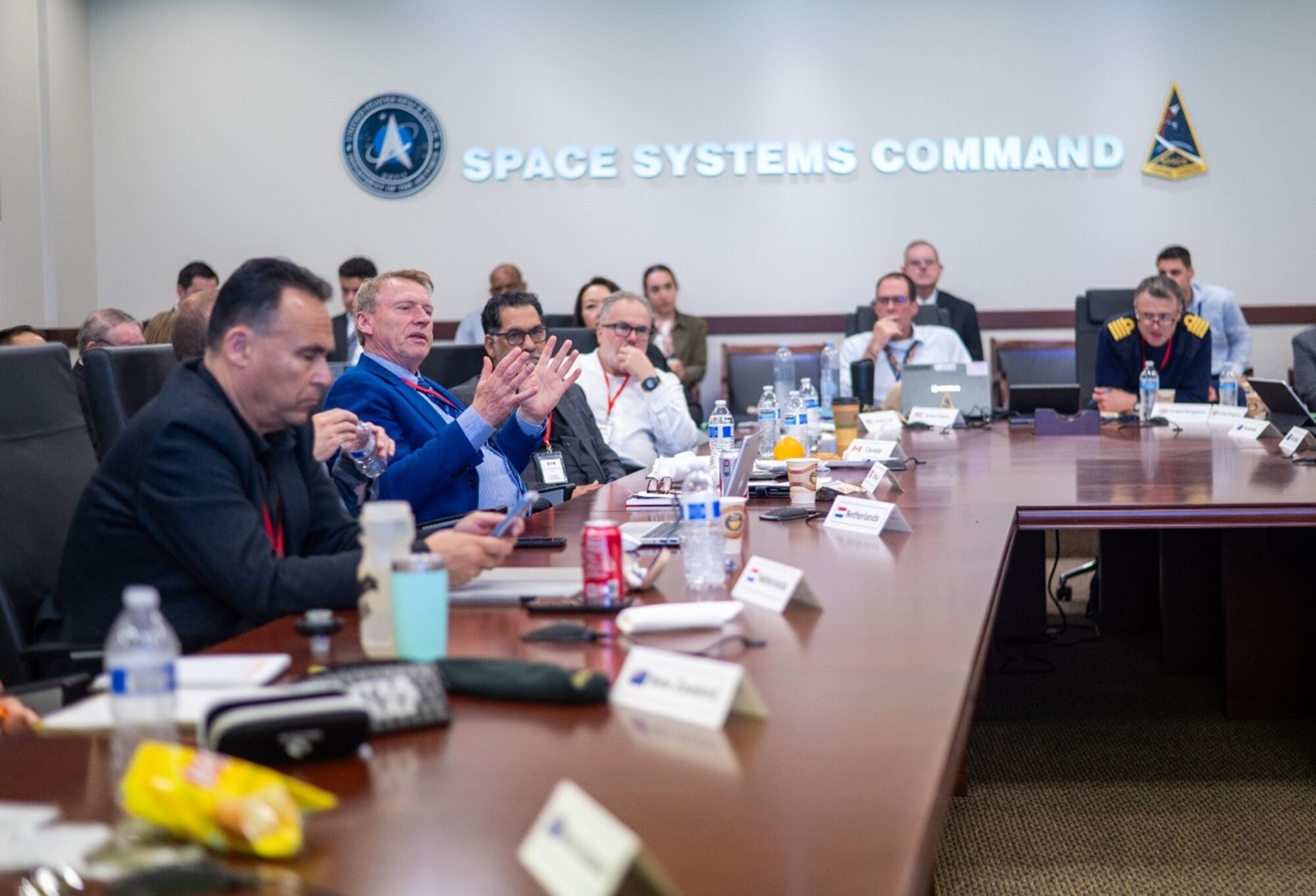 Mr. Trond Hermansen, from Norway, comments during the 9th Allied SATCOM Future Architecture Working Group (FAWG) conference, May 5-7, 2025 at Space Systems Command. Representatives from across the U.S. Department of Defense and Australia, Belgium, Canada, Italy, Luxembourg, Netherlands, Norway, New Zealand, Poland and the United Kingdom gathered for the twice annual conference to discuss national Military SATCOM updates from each nation and advance international collaboration and cooperation.