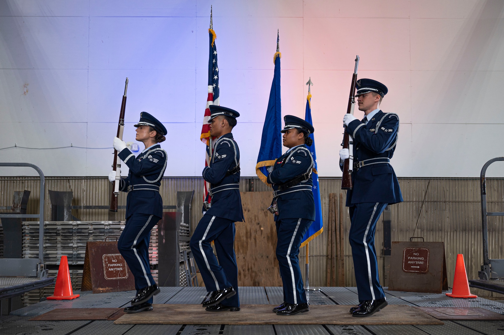 The 319th Reconnaissance Wing Base Honor Guard performs during the 28th Maintenance Group 2024 Maintenance Professional of the Year Awards ceremony at Grand Forks Air Force Base, N.D., April 25, 2025.
The annual MPOY ceremony recognizes outstanding airmen who have excelled in maintenance roles. (U.S. Air Force photo by Airman 1st Class Emma Funderburk)