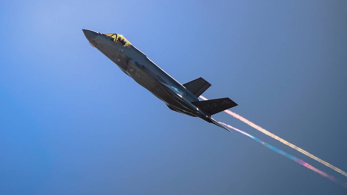A F-35A Lightning II assigned to the 95th Fighter Squadron soars through the skies during exercise Checkered Flag 25-2 at Tyndall Air Force Base, Fla., May 14, 2025. This large-scale aerial exercise brings together advanced fighter and support aircraft to sharpen the tactical skills of pilots and maintainers alike, reinforcing their ability to deliver rapid, lethal combat airpower in support of global operations. (U.S. Air Force photo by Airman 1st Class Zeeshan Naeem)