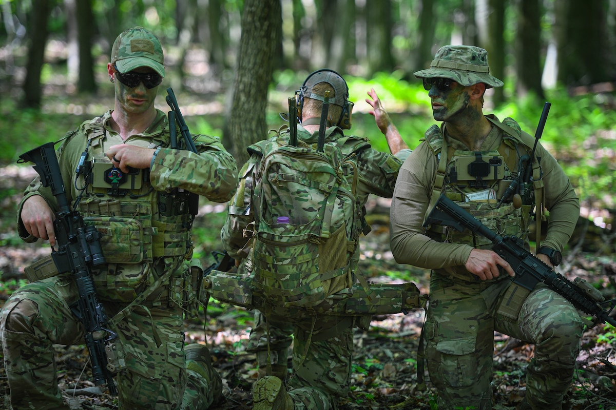 Tactical air control party Airmen from the 148th Air Support Operations Squadron complete a field reconnaissance exercise at Fort Indiantown Gap in Annville, Pa., May 17, 2025. The exercise focused on preparing for real-world missions by simulating close air support coordination and communication, land navigation and convoy movement operations. (U.S. Air National Guard photo by Airman Kyan Stockman)