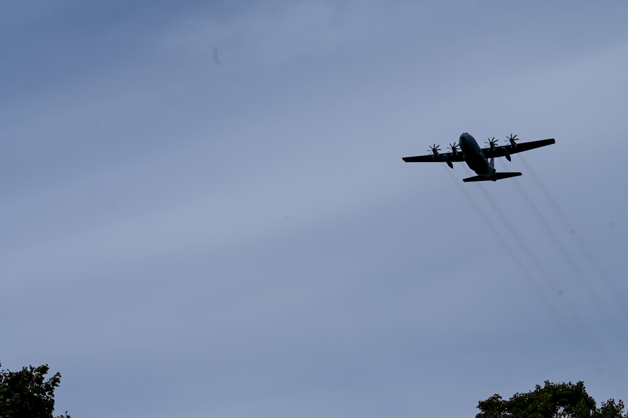 A C-130H Hercules flies over trees