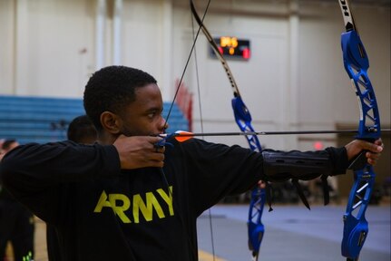 U.S. Army Staff Sgt. Alaijah Churchwell aims at his target during the archery competition at the 2025 Army Trials, Fort Bliss, Texas, April 7, 2025.