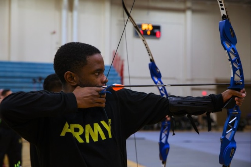 U.S. Army Staff Sgt. Alaijah Churchwell aims at his target during the archery competition at the 2025 Army Trials, Fort Bliss, Texas, April 7, 2025.