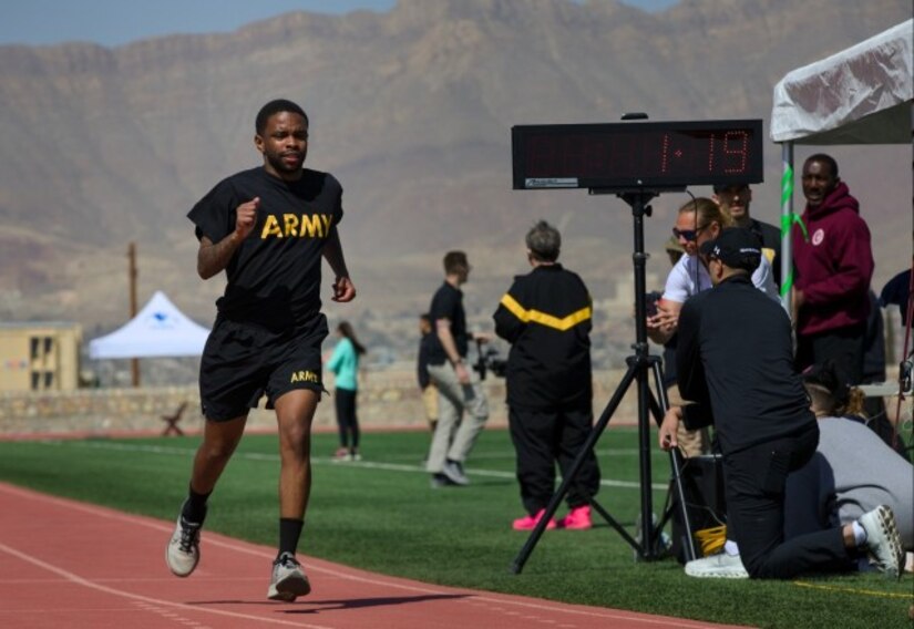 U.S. Army Staff Sgt. Allaijah Churchwell competes in the 400-meter race during the track competition at the 2025 Army Trials, Fort Bliss, Texas, April 8, 2025.