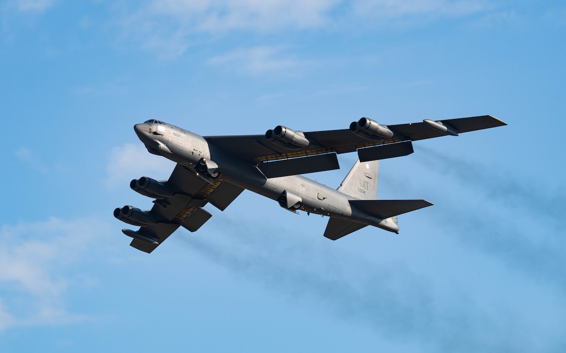 A U.S. Air Force B-52H Stratofortress assigned to the 23rd Expeditionary Bomb Squadron takes off in support of Bomber Task Force Europe (BTF) at Morón Air Base, Spain, May 23, 2025. BTF missions familiarize aircrew with air bases and operations in different geographic combatant command areas of operations to enable strategic access and integration with coalition forces in an effort to deter global conflict.