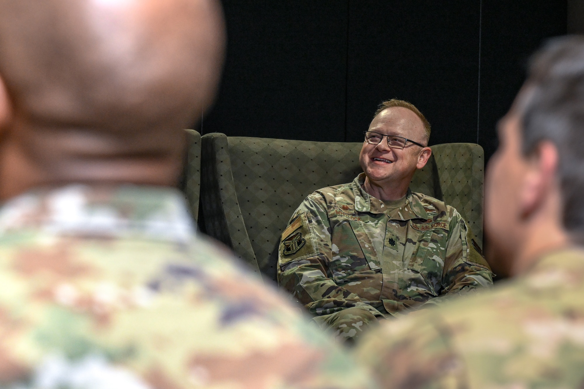 Lt. Col. Russell R. Whitlock, 910th Force Support Squadron commander, listens to remarks during his assumption of command ceremony at Youngstown Air Reserve Station, Ohio, May 3, 2025.