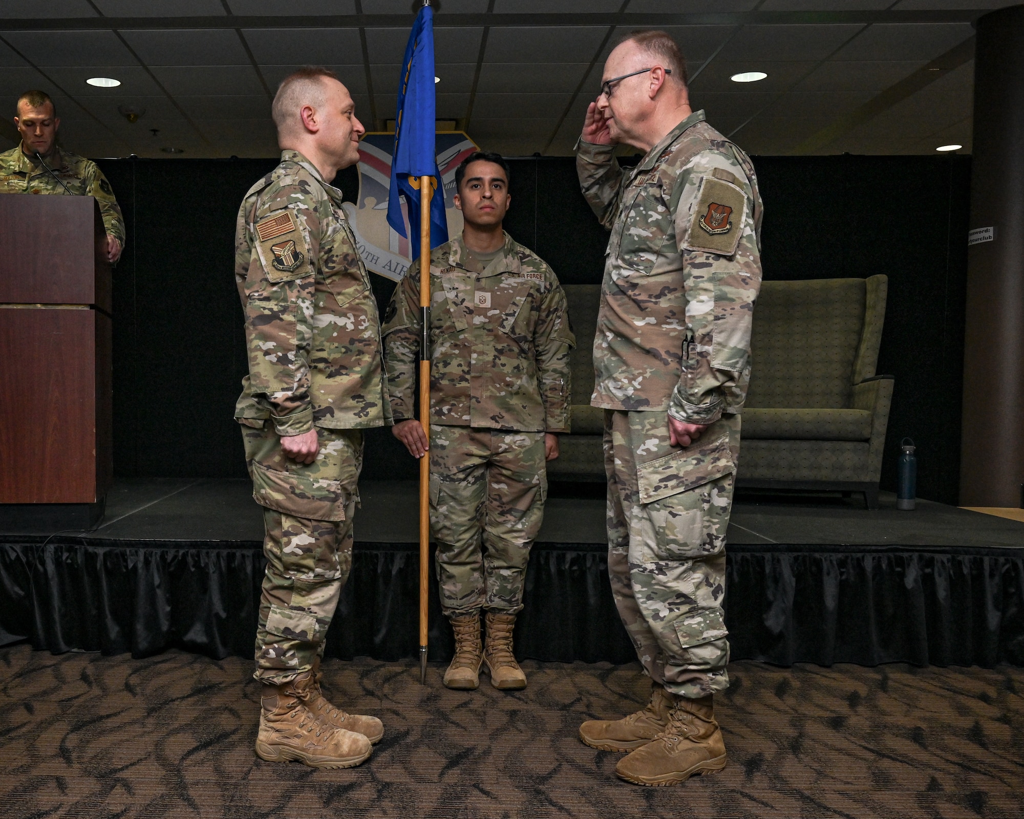 Lt. Col. Russell R. Whitlock (right), 910th Force Support Squadron commander, salutes Lt. Col. Benjamin J. Iannucci (left), 910th Mission Support Group commander, during his assumption of command ceremony at Youngstown Air Reserve Station, Ohio, May 3, 2025.