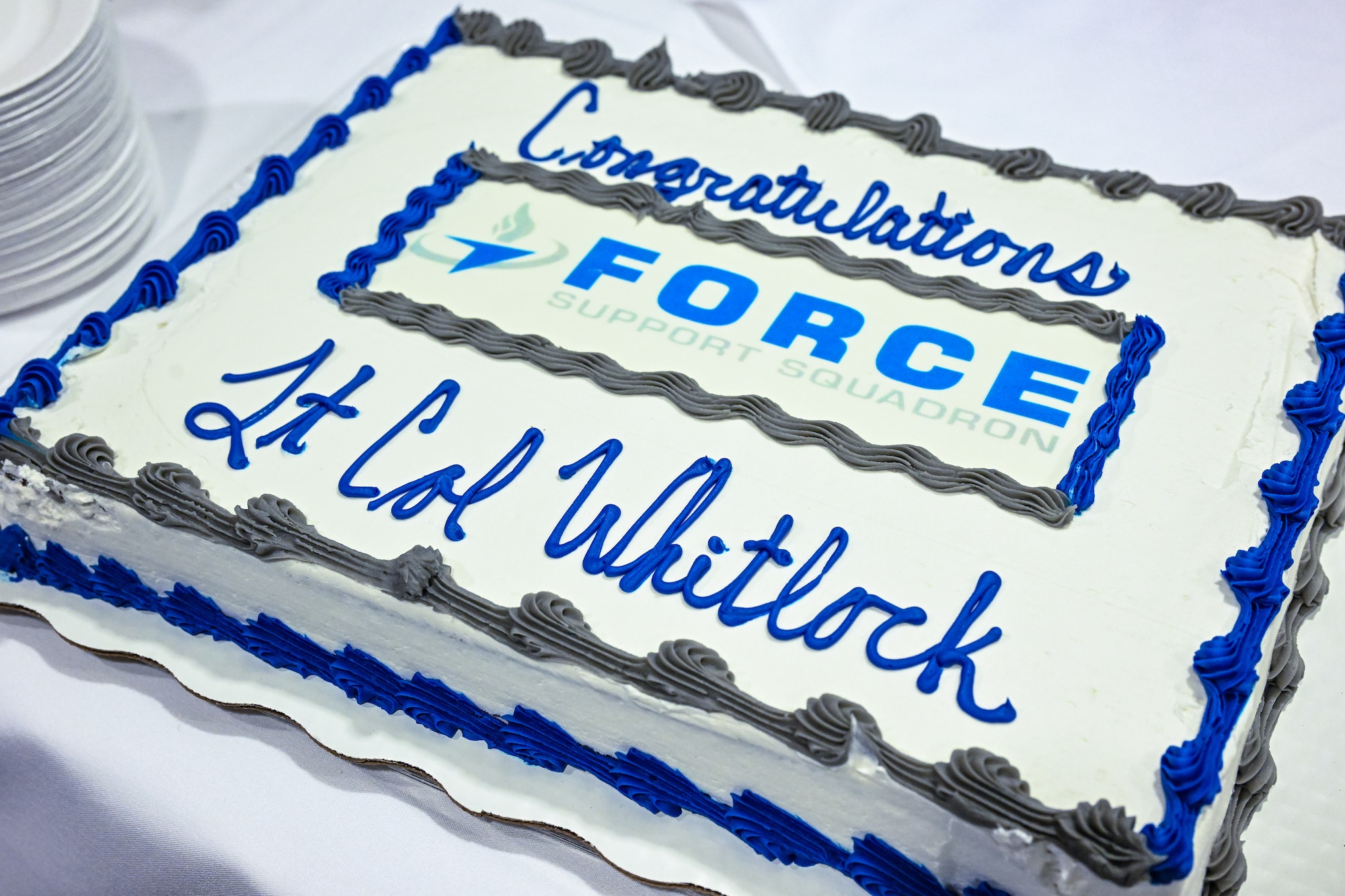 A cake for Lt. Col. Russell R. Whitlock, 910th Force Support Squadron commander, is displayed during his assumption of command ceremony at Youngstown Air Reserve Station, Ohio, May 3, 2025.