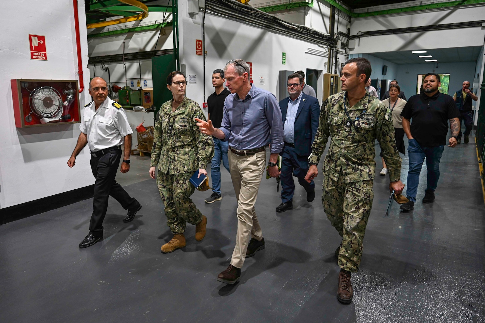 NAVAL STATION ROTA, Spain – Rear Adm. Dianna Wolfson, U.S. Fleet Forces Command (USFFC) fleet maintenance officer, and Eric Lind, Commander, Navy Regional Maintenance Center (CNRMC) executive director, tour JEMANDIZ, the Spanish Armada intermediate-level maintenance facility, alongside Spanish Armada Capt. Juan Jose Nieto and Forward Deployed Regional Maintenance Center (FDRMC) and Spanish Armada personnel.