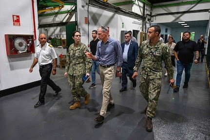 NAVAL STATION ROTA, Spain – Rear Adm. Dianna Wolfson, U.S. Fleet Forces Command (USFFC) fleet maintenance officer, and Eric Lind, Commander, Navy Regional Maintenance Center (CNRMC) executive director, tour JEMANDIZ, the Spanish Armada intermediate-level maintenance facility, alongside Spanish Armada Capt. Juan Jose Nieto and Forward Deployed Regional Maintenance Center (FDRMC) and Spanish Armada personnel.