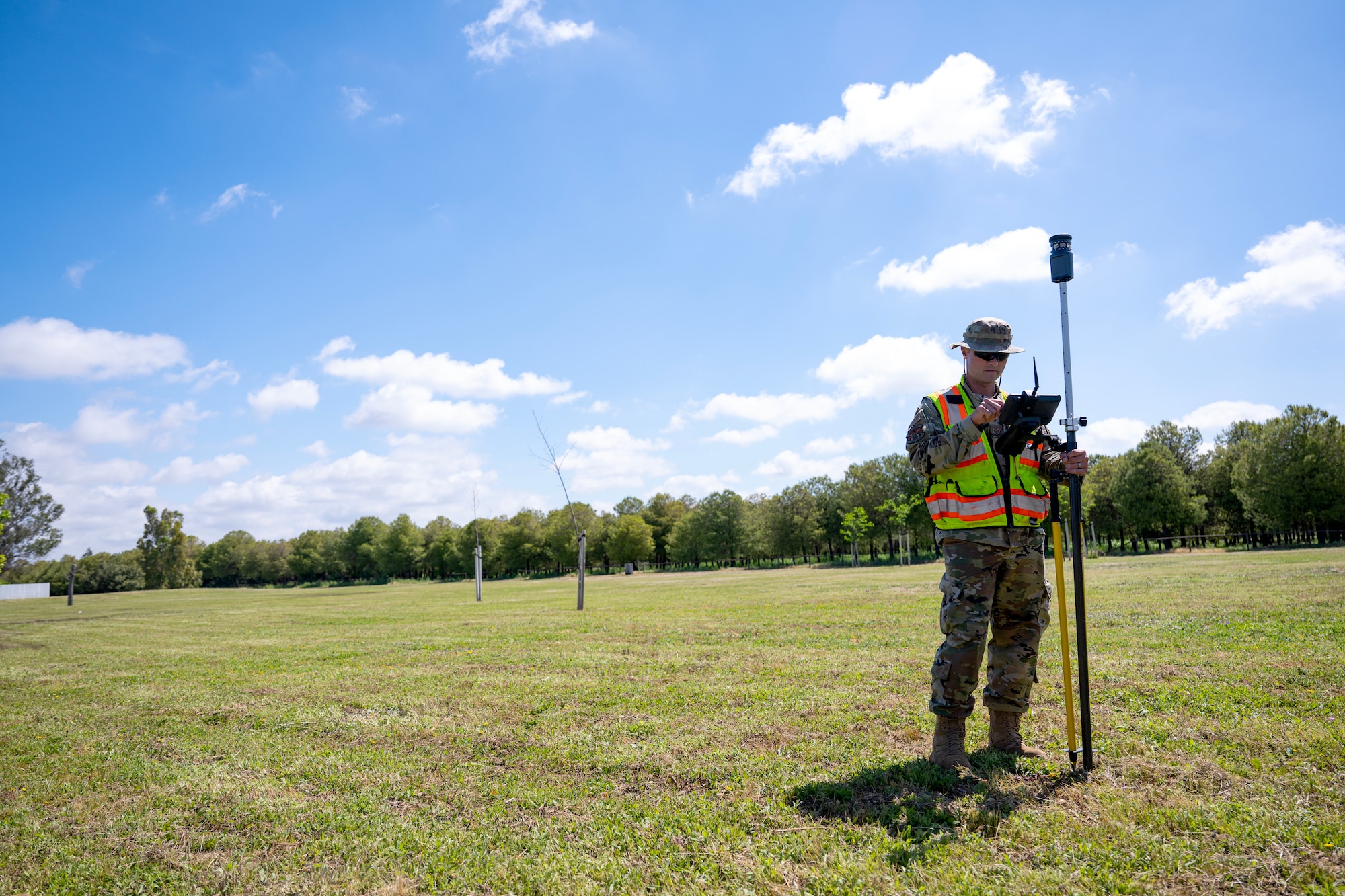Staff Sgt. Michael Chiniquy, 446th Civil Engineer Squadron engineering assistant, plots points for a ground survey at Moron Air Base, Spain, on May 6, 2025.