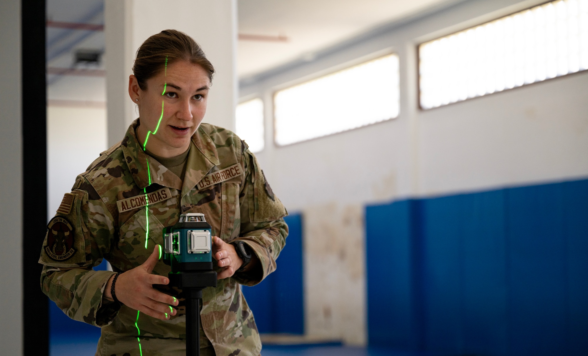 Senior Airman Jessica Alcomendas, 446th Civil Engineer Squadron structural journeyman, takes measurements at Moron Air Base, Spain, on May 6, 2025.