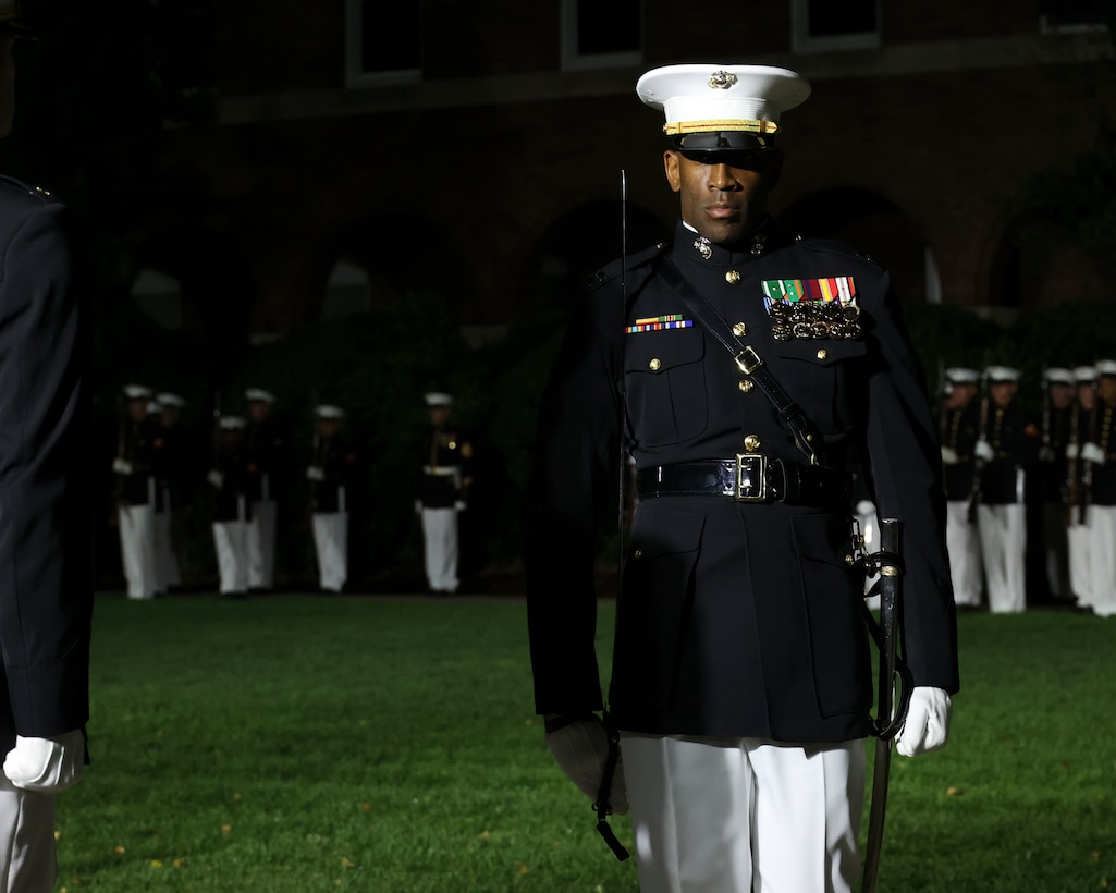 U.S. Marine Corps Capt. Cedric K. Hargrove Jr. marches during a Friday Evening Parade at Marine Barracks Washington, D.C., May 16, 2025. The hosting official for the event was Lt. Gen. Michael J. Borgschulte, Deputy Commandant for Manpower and Reserve Affairs. The guest of honor was U.S. Representative Mike Bost of Illinois. The Friday Evening Parade showcases the professionalism, discipline, and esprit de corps of Marines stationed at the oldest post in the Corps.