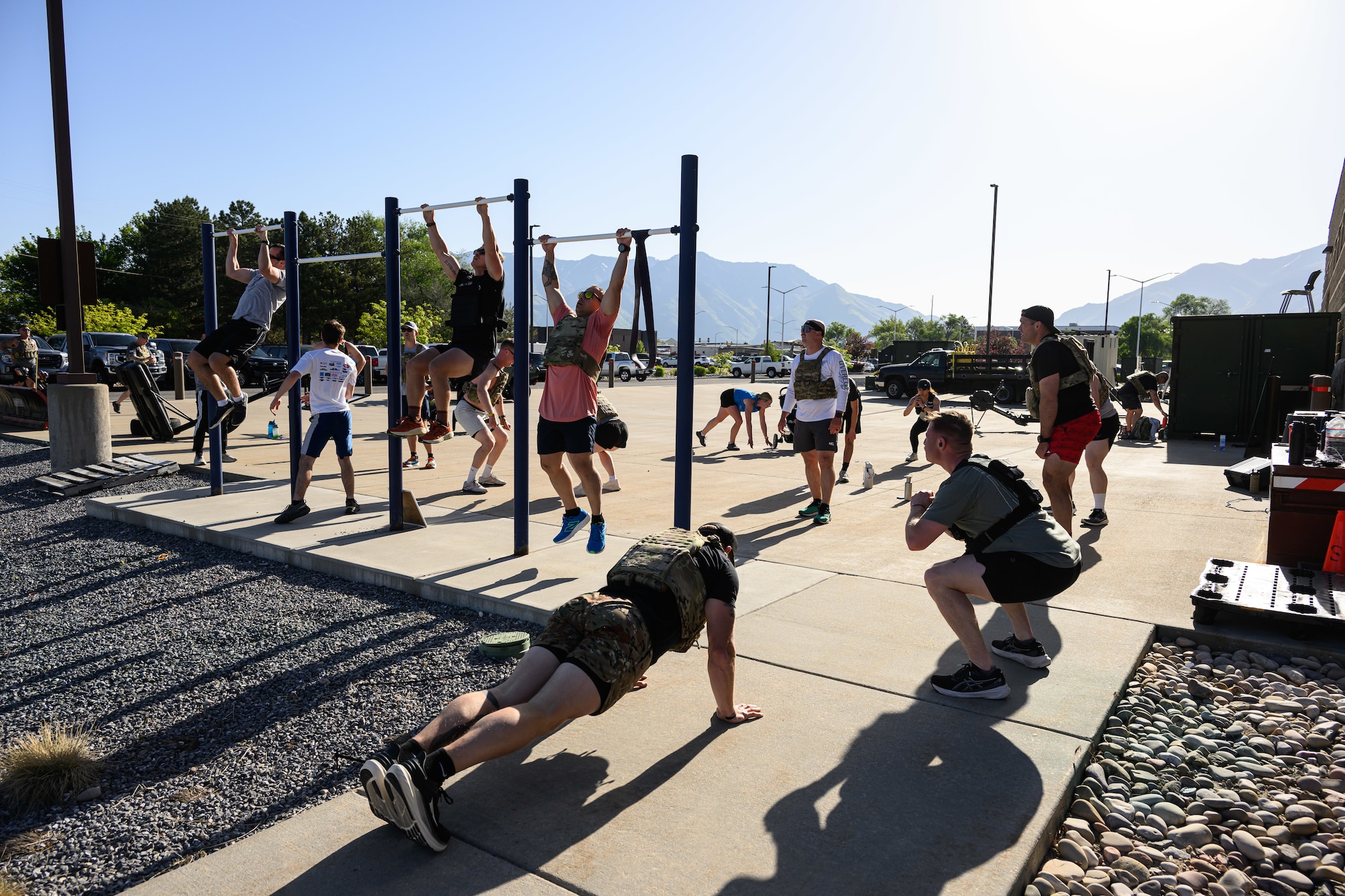 Members of Team Hill participate in a "Murph" workout at Hill Air Force Base, Utah, May 23, 2025. The "Murph" workout is commonly performed by military units, law enforcement agencies, and individuals around Memorial Day and throughout the year to honor the sacrifices of those who have served.  (U.S. Air Force photo by R. Nial Bradshaw)