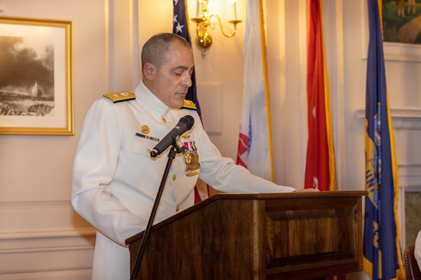Rear Adm. Kevin Brown, Naval Medical Forces Atlantic commander and Defense Health Network Atlantic directors, left, and Capt. Grace L. Key, outgoing commanding officer of Navy Medicine Readiness and Training Command Quantico, poses for a photo after Key received a Legion of Merit during a change of command ceremony at Harry Lee Hall on Marine Corps Base Quantico, Virginia, May 22, 2025. During the ceremony Key was relieved by Capt. Brookes Williams, incoming commanding officer of Navy Medicine Readiness and Training Command Quantico. (U.S. Marine Corps Photo by Lance Cpl. Harleigh Faulk)