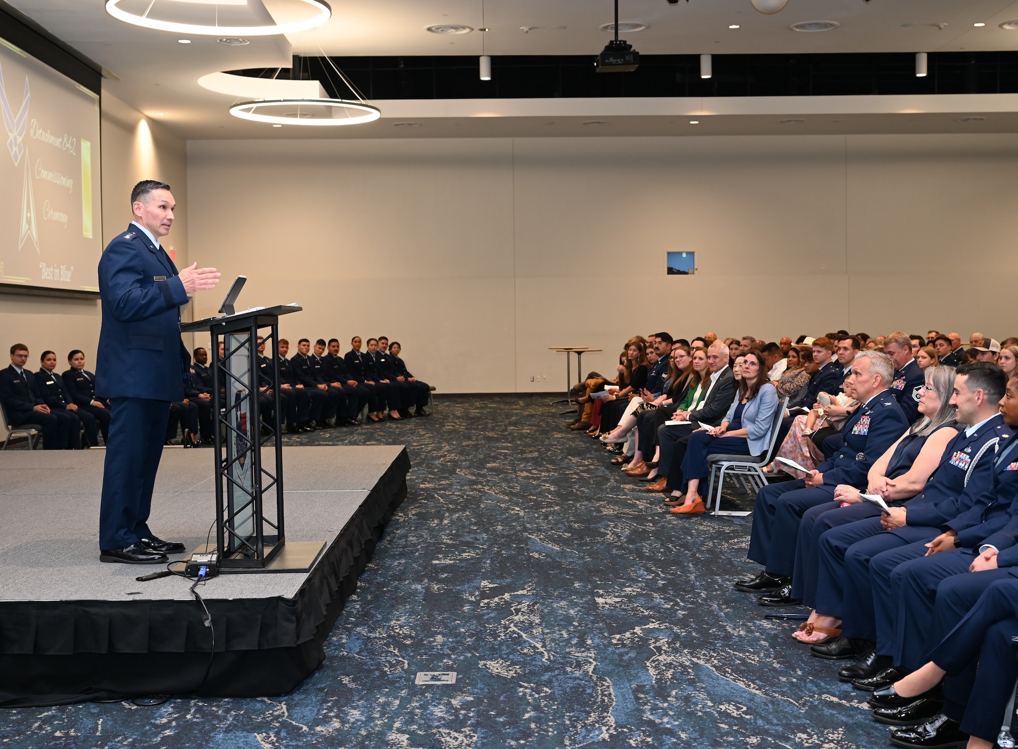 Sixteenth Air Force commander speaks to Air Force cadets and audience.
