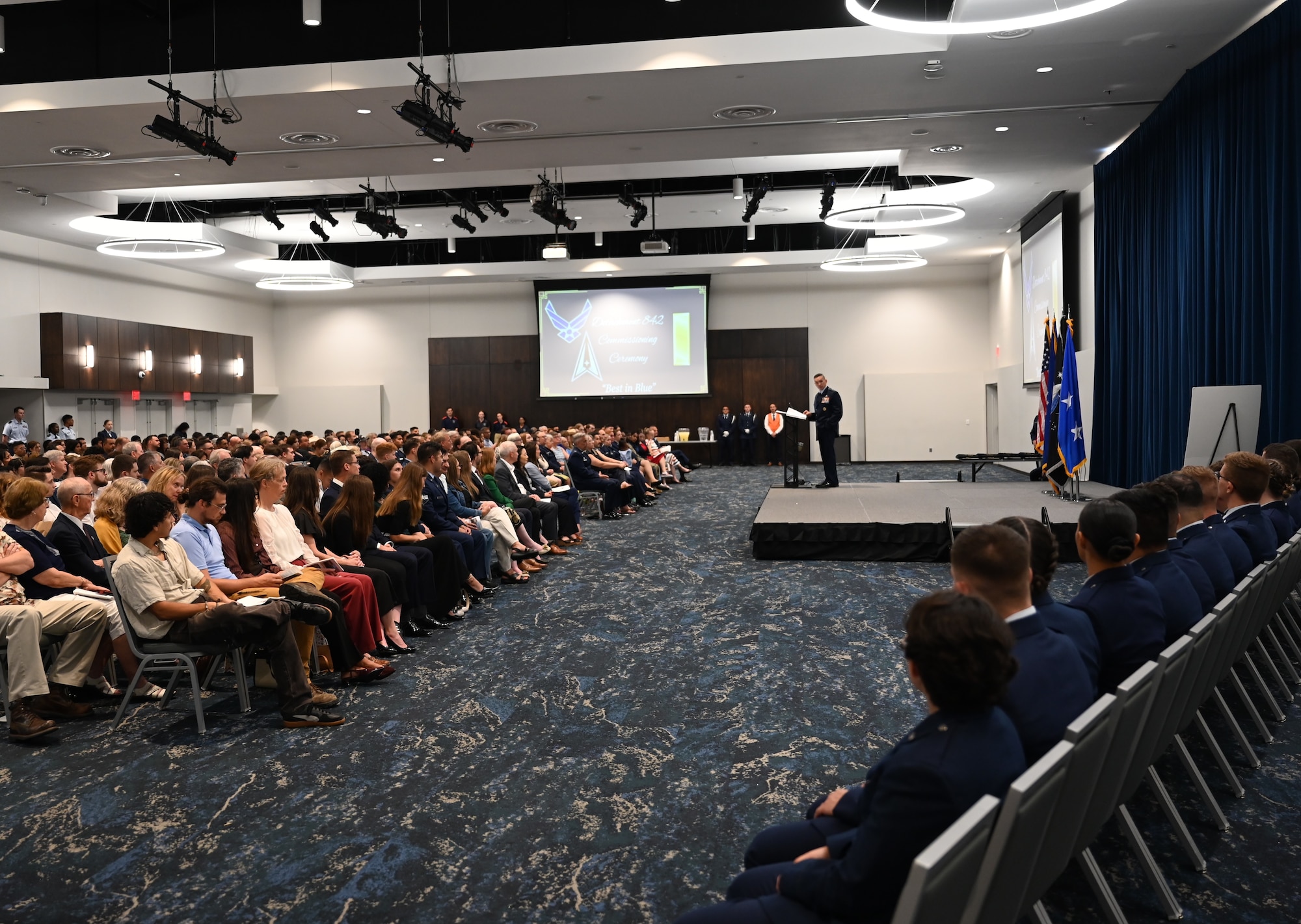 Sixteenth Air Force commander speaks to Air Force cadets and audience.