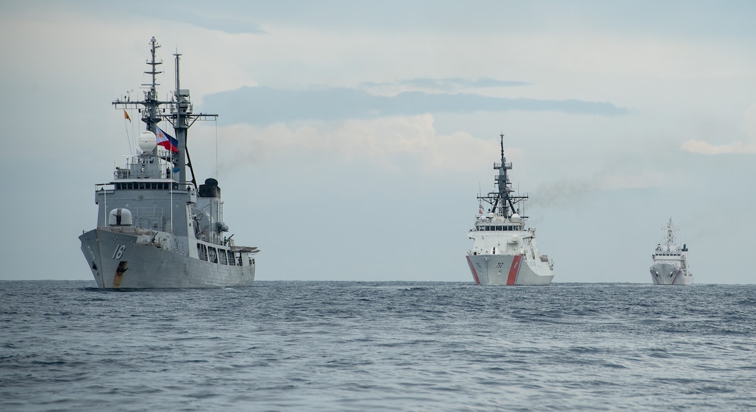 The Legend-class USCGC Stratton (WMSL 752) sails with Philippine Navy’s Gregorio del Pilar-class patrol ship BRP Ramon Alcaraz (PS-16) and Philippine Coast Guard Vessel BRP Melchora Aquino (MRRV-9702) as part of a division tactics exercise in the Sulu Sea, May 20, 2025.  Stratton is deployed and assigned to Destroyer Squadron (DESRON) 15, the Navy’s largest DESRON and the U.S. 7th Fleet’s principal surface force. The U.S. Coast Guard has operated in the Indo-Pacific for more than 150 years, and the service is increasing efforts through targeted bilateral patrols with our national security cutters, fast response cutters, and other activities conducted in support of maritime missions to enhance our regional partnerships. (U.S. Coast Guard photo by Petty Officer 3rd class William Kirk)