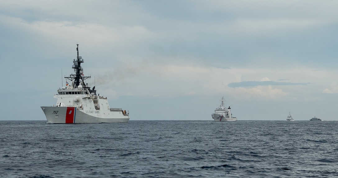 The Legend-class USCGC Stratton (WMSL 752) sails with Philippines Navy and Coast Guard vessels as part of a division tactics exercise in the Sulu Sea, May 20, 2025. Stratton is deployed and assigned to Destroyer Squadron (DESRON) 15, the Navy’s largest DESRON and the U.S. 7th Fleet’s principal surface force.  Stratton is deployed and assigned to Destroyer Squadron (DESRON) 15, the Navy’s largest DESRON and the U.S. 7th Fleet’s principal surface force. The U.S. Coast Guard has operated in the Indo-Pacific for more than 150 years, and the service is increasing efforts through targeted bilateral patrols with our national security cutters, fast response cutters, and other activities conducted in support of maritime missions to enhance our regional partnerships. (U.S. Coast Guard photo by Petty Officer 3rd class William Kirk)
