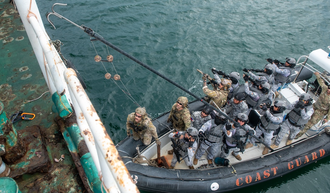 U.S. Coast Guard members from Maritime Security Response Team (MSRT) West operate alongside Philippine Coast Guard Special Operations Force members aboard a vessel as part of a training exercise in Puerto Princesa, Philippines, May 17, 2025. Stratton is deployed and assigned to Destroyer Squadron (DESRON) 15, the Navy’s largest DESRON and the U.S. 7th Fleet’s principal surface force. The U.S. Coast Guard has operated in the Indo-Pacific for more than 150 years, and the service is increasing efforts through targeted bilateral patrols with our national security cutters, fast response cutters, and other activities conducted in support of maritime missions to enhance our regional partnerships. (U.S. Coast Guard photo by Petty Officer 3rd Class William Kirk)