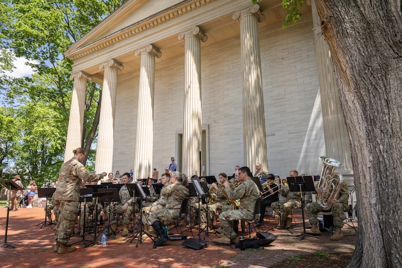 Soldiers with the Kentucky National Guard’s 202nd Army Band performs a concert at the Kentucky Historical Society’s (KHS) 200th anniversary event at the Old State Capitol in Frankfort, Ky. on May 17, 2025. The band supported the 200th anniversary of the French officer Marquis de Lafayette’s visit of Frankfort which was coordinated by the KHS. (U.S. Army National Guard photo by Sgt. 1st Class Andrew Dickson)