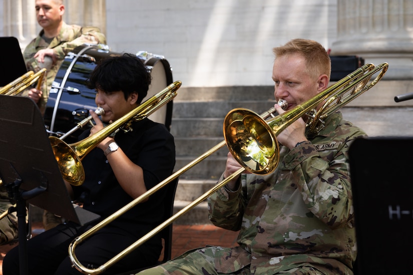 U.S. Army 1st Sgt. Joseph Slone, senior enlisted for the Kentucky National Guard’s 202nd Army Band, plays the trombone at a concert at the Kentucky Historical Society’s (KHS) 200th anniversary event at the Old State Capitol in Frankfort, Ky. on May 17, 2025. The band supported the 200th anniversary of the French officer Marquis de Lafayette’s visit of Frankfort which was coordinated by the KHS. (U.S. Army National Guard photo by Sgt. 1st Class Andrew Dickson)
