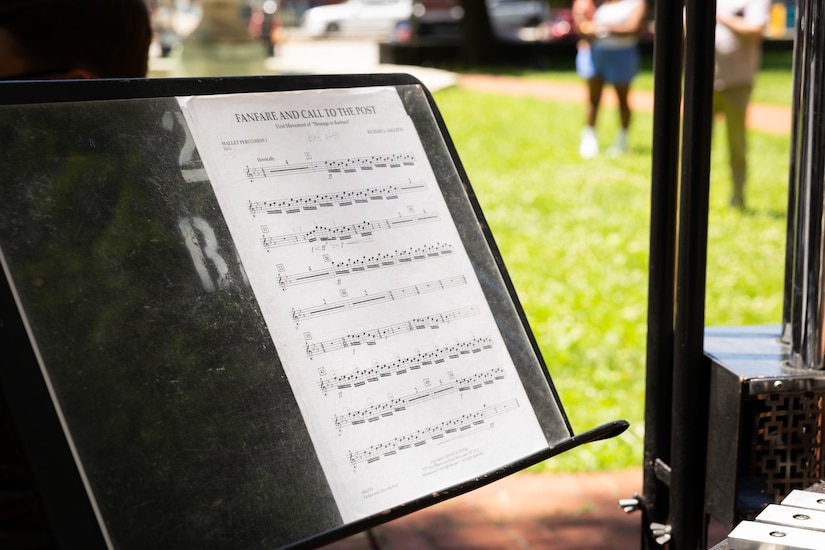 Sheet music for the Kentucky National Guard’s 202nd Army Band at a concert at the Kentucky Historical Society’s (KHS) 200th anniversary event at the Old State Capitol in Frankfort, Ky. on May 17, 2025. The band supported the 200th anniversary of the French officer Marquis de Lafayette’s visit of Frankfort which was coordinated by the KHS. (U.S. Army National Guard photo by Sgt. 1st Class Andrew Dickson)