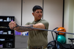 1st Infantry Division Soldiers visit Kimberly Coffee, an athletic trainer that works under the holistic health and fitness program on Fort Riley, KS, on March 27, 2025. Soldiers use the Holistic Health and Fitness program to receive care for recovery from previous injury. (U.S. Army photo by Spc. Autumn Johnson)
