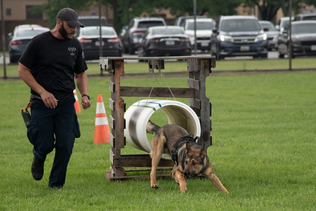 Tulio Quevedo, City of Hyattsville Police Department working dog handler, leads his dog, Hugo, through the obstacle course during the Capitol K-9 Trials at Joint Base Andrews, Md., May 14, 2025. The trials were part of National Police Week, which honors fallen officers and the service and sacrifice of law enforcement. (U.S. Air Force photo by Patrick Griffith)