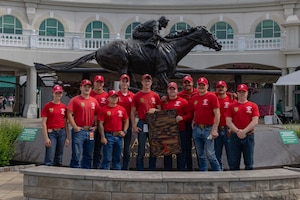 1st Infantry Division's Commanding General's Mounted Color Guard explores Churchill Downs, KY, home of the Kentucky Derby, on May 1, 2025. For the first time, a U.S. Army infantry division will perform during the Kentucky Derby in celebration of the U.S. Army's upcoming 250th Anniversary. (U.S. Army photos by Sgt. Tyler Selige)