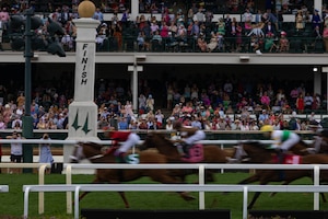 1st Infantry Division's Commanding General's Mounted Color Guard explores Churchill Downs, KY, home of the Kentucky Derby, on May 1, 2025. For the first time, a U.S. Army infantry division will perform during the Kentucky Derby in celebration of the U.S. Army's upcoming 250th Anniversary. (U.S. Army photos by Sgt. Tyler Selige)