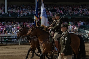 1st Infantry Division's Commanding General's Mounted Color Guard attends the Kentucky Derby, on May 2, 2025. For the first time, the 1st Infantry Division will perform the Passing of the Colors during the Kentucky Derby. (U.S. Army photos by Sgt. Tyler Selige)