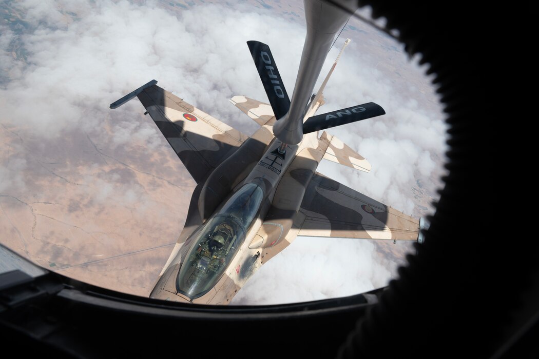 A Royal Moroccan Air Force F-16 Fighting Falcon makes contact with a U.S. Air Force KC-135R Stratotanker assigned to the 166th Air Refueling Squadron, 121st Air Refueling Wing, Ohio National Guard, for a simulated air-to-air refuel qualification during African Lion 2025 (AL25) in Morocco, May 13, 2025.