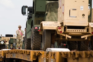Soldiers from the 1st Infantry Division perform rail head operations on May 06, 2025, at Fort Riley, KS. Soldiers part of 1ID often need to move equipment across the country and around the world, ensuring fast and efficient railway operations makes sure they are able to complete the mission as best as possible.