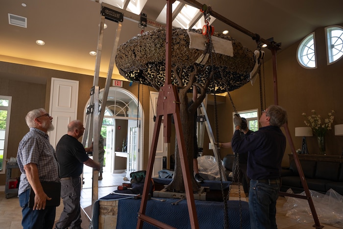 The “Freedom Oak” undergoes construction during its installation into the Meditation Pavilion at the Fisher House for Families of the Fallen on Dover Air Force Base, Delaware, May 19, 2025.