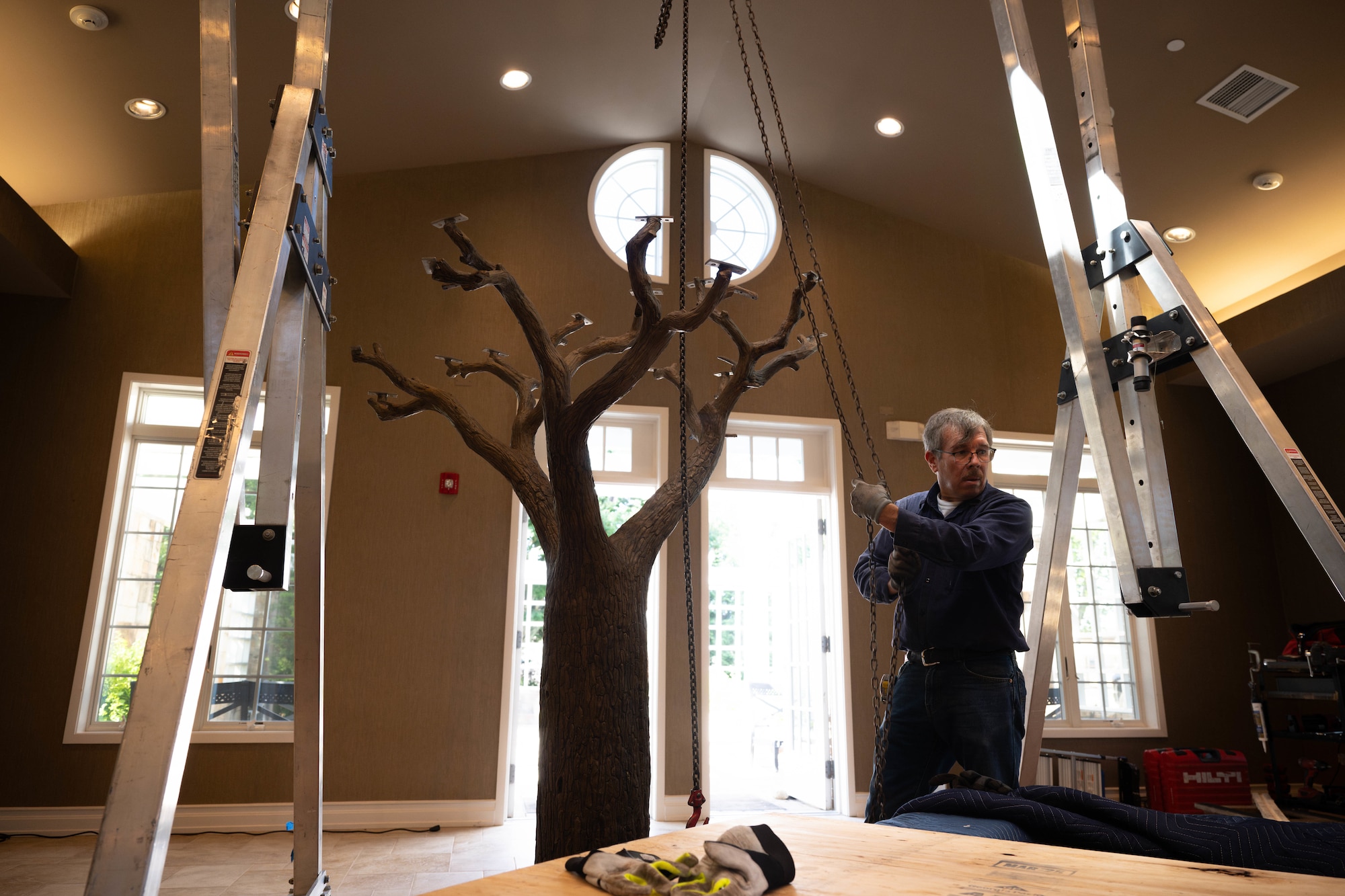 The “Freedom Oak” undergoes construction during its installation into the Meditation Pavilion at the Fisher House for Families of the Fallen on Dover Air Force Base, Delaware, May 19, 2025.