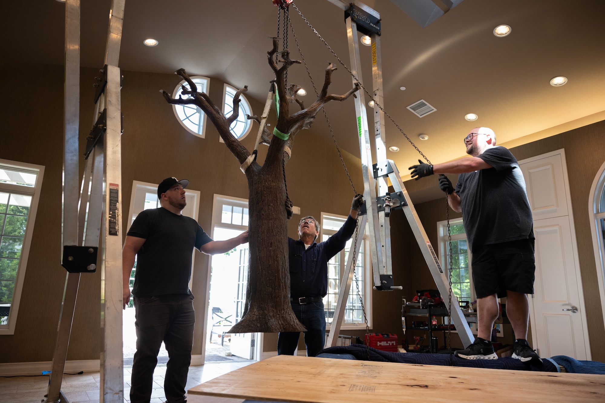The “Freedom Oak” undergoes construction during its installation into the Meditation Pavilion at the Fisher House for Families of the Fallen on Dover Air Force Base, Delaware, May 19, 2025.