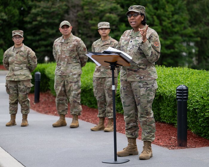 Lt. Col. Crystal A. Glaster, Air Force Mortuary Affairs Operations deputy commander, gives her remarks at the Freedom Oak ribbon cutting at the Mediation Pavilion on the Fisher House for the Families of the Fallen campus at Dover Air Force Base, Delaware, May 23, 2025.