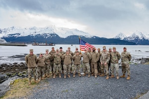 Members of the 131st Civil Engineer Squadron (CES) pose for a group photo during a deployment for training in Seward, Alaska, May 1, 2025. 131st CES Airmen deployed to Alaska as part of an ongoing partnership with the Seward Military Resort, which allows military units to train while updating structures and infrastructure on location. (U.S. Air National Guard photo by Senior Airman Kelly C. Ferguson)