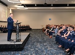Sixteenth Air Force commander speaks to Air Force cadets and audience.