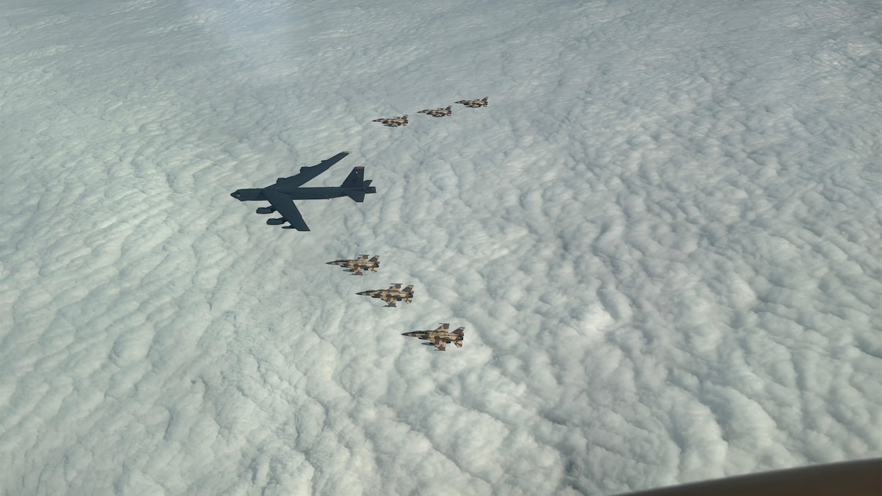 A U.S. Air Force B-52H Stratofortress aircraft assigned to Bomber Task Force Europe integrates with Royal Moroccan Air Force F-16s fighter jets in support of African Lion 2025. AL25, the largest annual military exercise in Africa, demonstrates the reach of U.S. airpower and the U.S. Air Force’s enduring commitment to collaboration with partner forces.