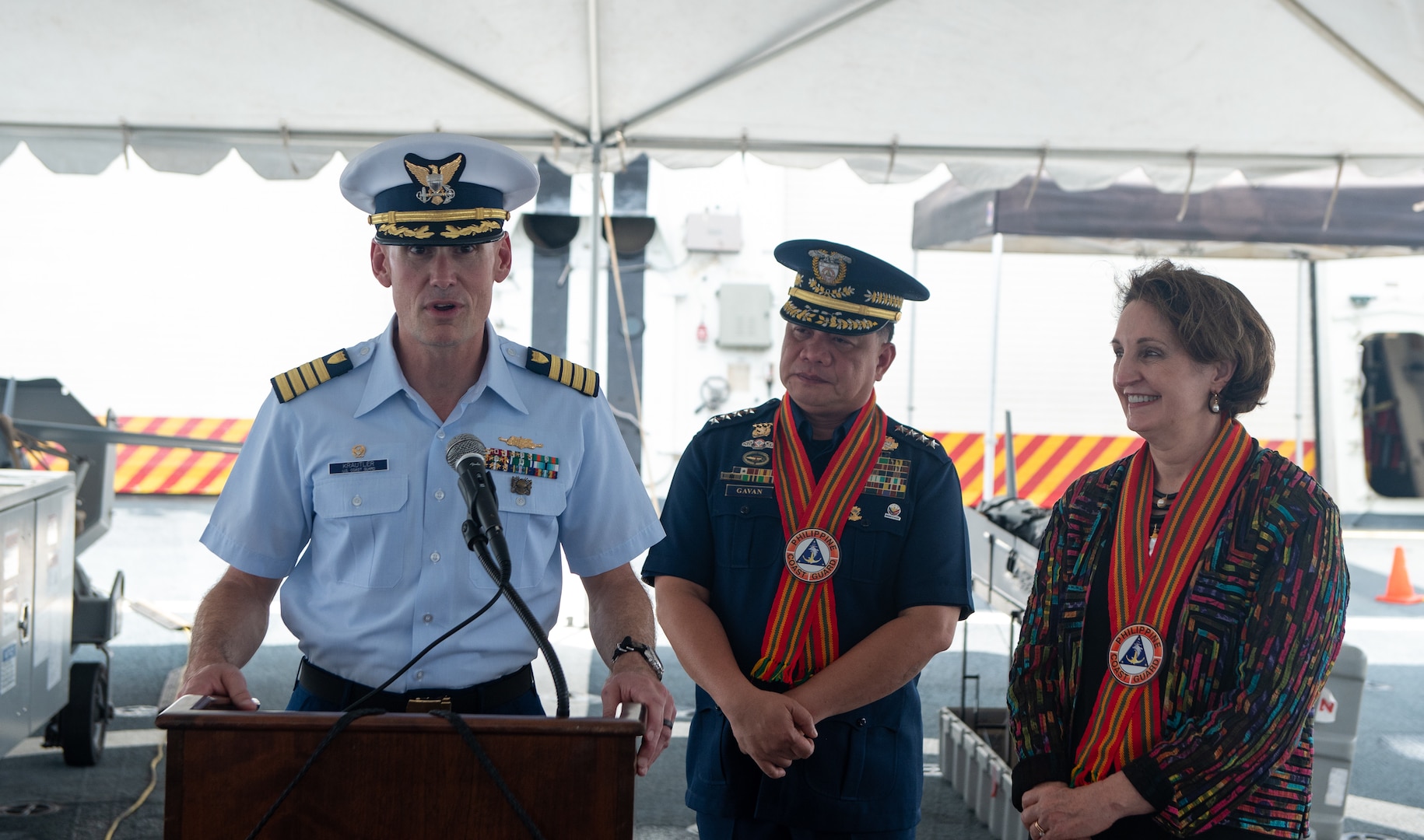 U.S. Coast Guard Capt. Brian Krautler, commanding officer of the Legend-class USCGC Stratton (WMSL 752), answers Filipino media questions with Adm. Ronnie Gil Gavan, Philippine Coast Guard commandant, and the U.S. Ambassador to the Republic of the Philippines Marykay Carlson in Puerto Princesa, Philippines, May 16, 2025. Stratton is deployed and assigned to Destroyer Squadron (DESRON) 15, the Navy’s largest DESRON and the U.S. 7th Fleet’s principal surface force. U.S. Coast Guard Cutter Stratton is deployed to the Indo-Pacific to advance relationships with ally and partner nations to build a more secure and prosperous region with unrestricted, lawful access to maritime commons. (U.S. Coast Guard photo by Petty Officer 3rd Class William Kirk)